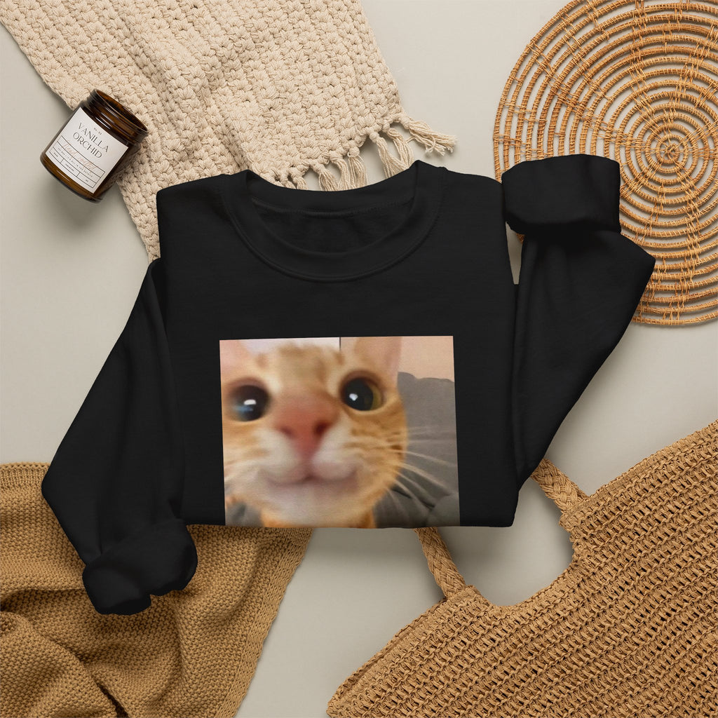 Crewneck Sweatshirt — Funny Cat Meme "Me When I See Boobs"